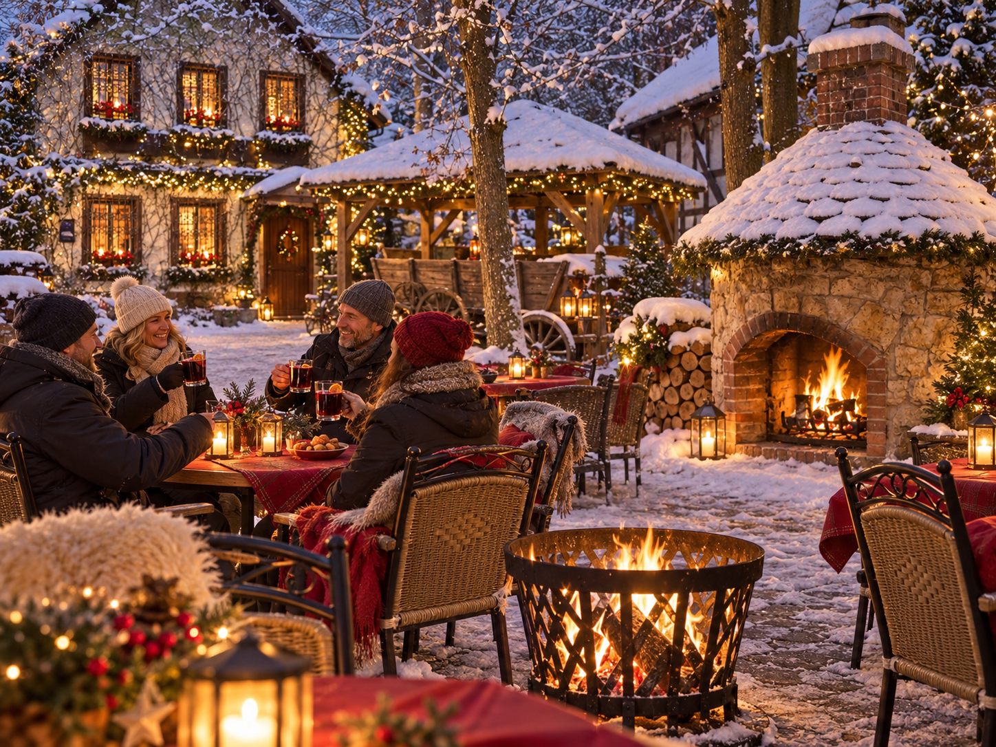 Firmenweihnachtsfeier mit Glühwein am Feuerkorb und Riesenkamin