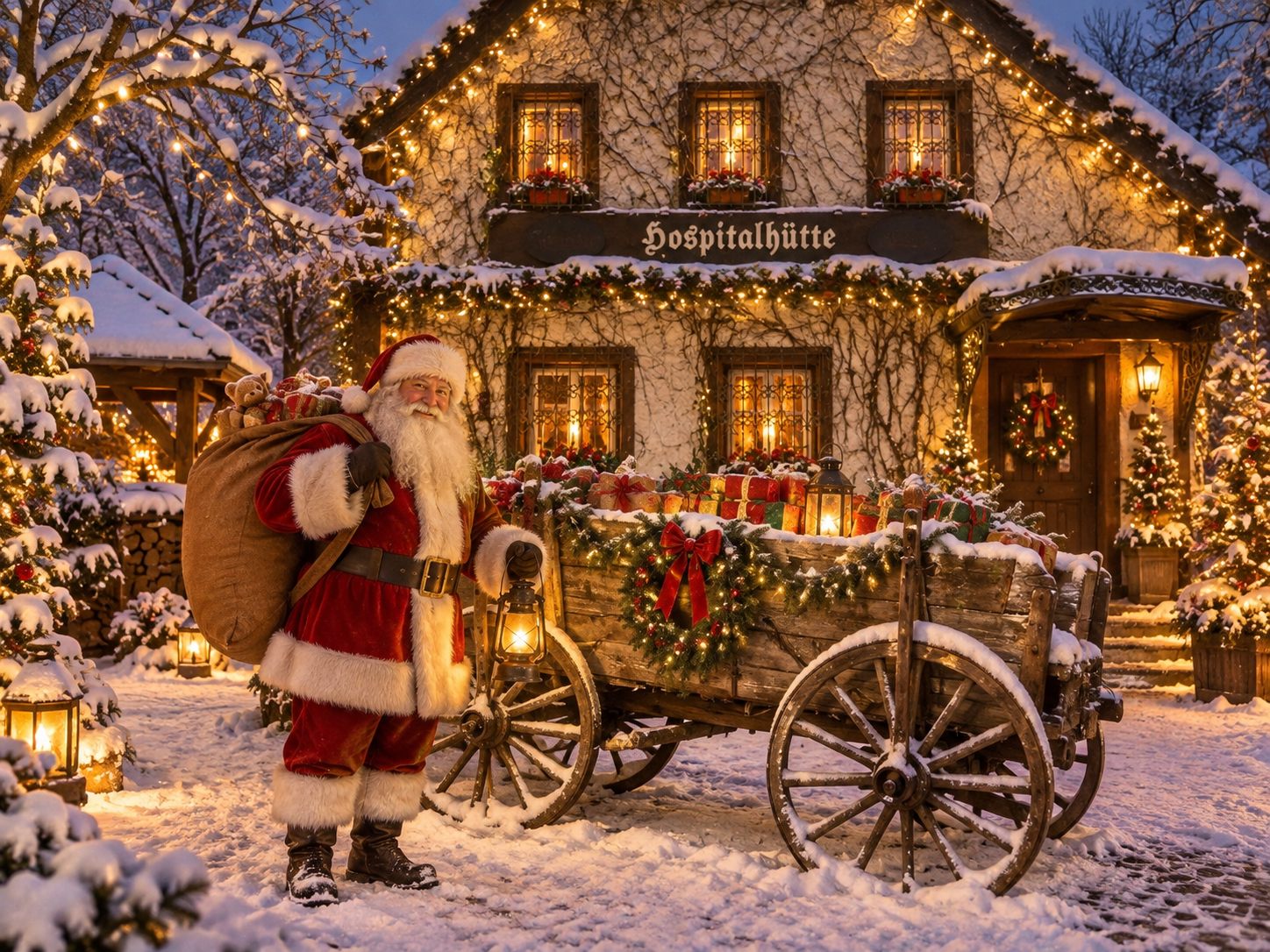 Weihnachtsmann und Wagen vor der Hospitalhütte