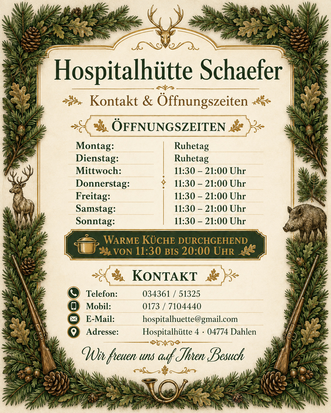 Hospitalhütte Schaefer – Kontakt und Öffnungszeiten mit Tannenkranz und Jagdmotiven