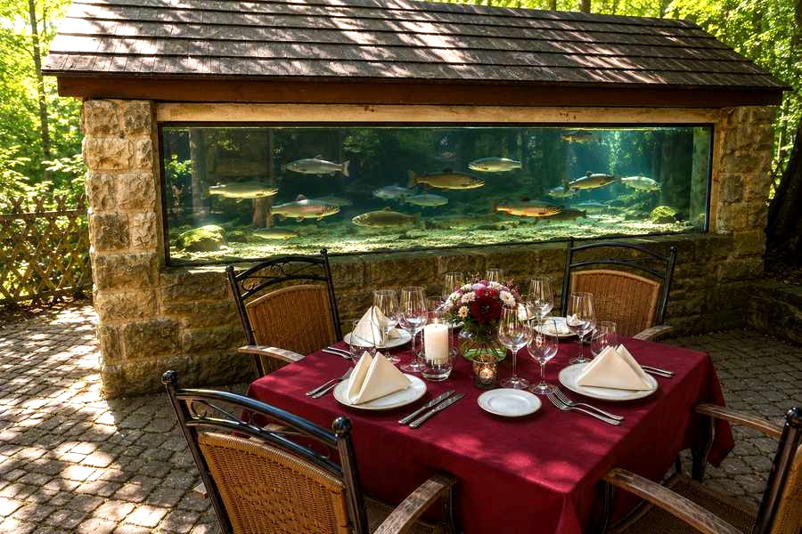Biergarten am Fischbecken mit festlich gedecktem Tisch, Forellen und Saiblingen