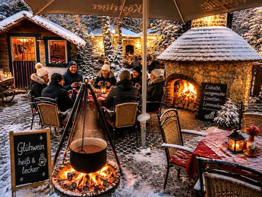 Winter, Schnee und Glühwein am Feuer