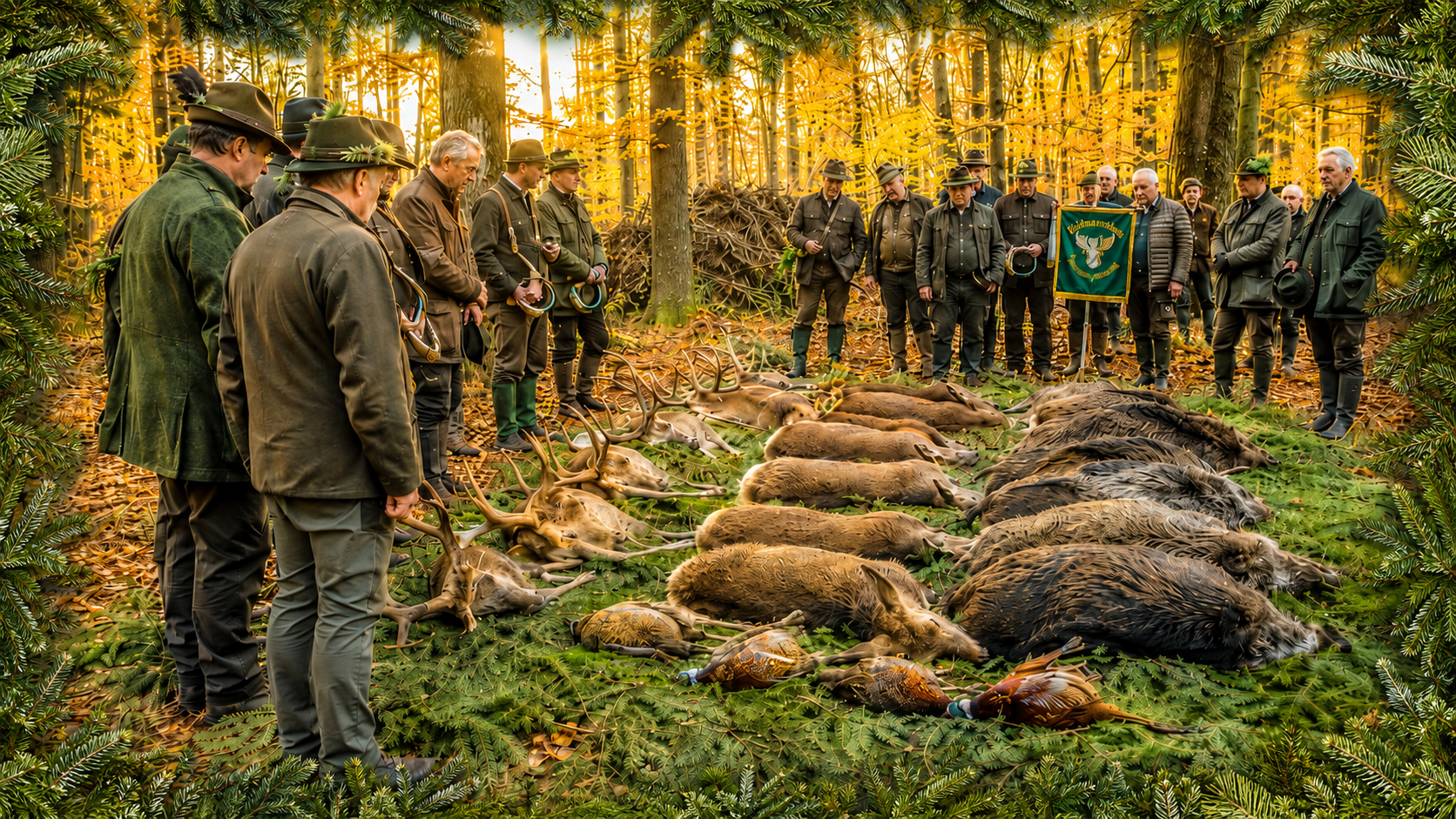 Jagdkollektiv beim Streckelegen in der Dahlener Heide, eingerahmt mit Tannengrün
